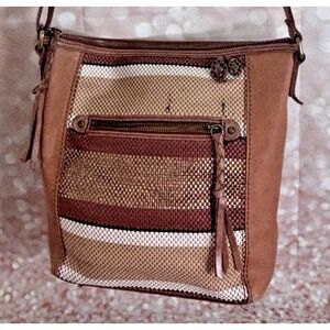 The Sak Leather Woven Crossbody‎ Bag Tan Brown Striped Embellished Shoulder Bag